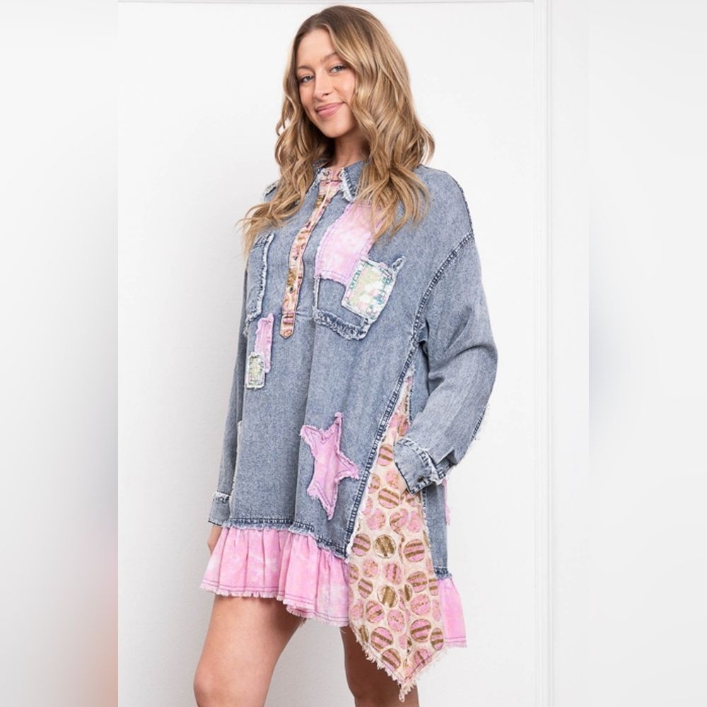 Patchwork Denim Ruffle Dress/Top - Picture 2 of 6